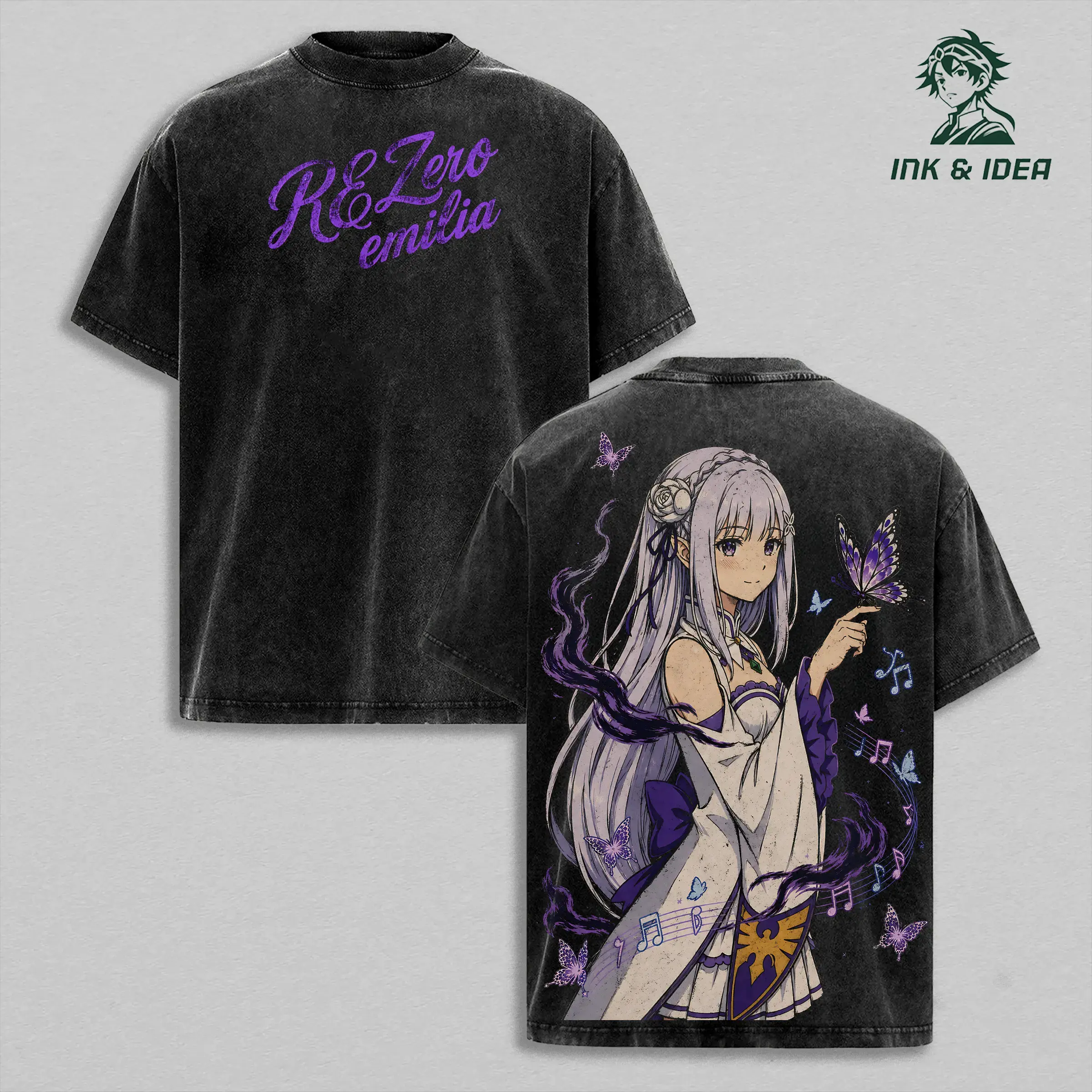 Men's Oversized Vintage Retro Round Neck Stylish Tee - ReZero Emilia Butterfly Art Graphic Heavy Cotton T-Shirt, Blush Pink Vintage Washed Streetwear, Elf Waifu Back Print, Unisex Casual Manga Apparel Gift for Fans, Menswear, S