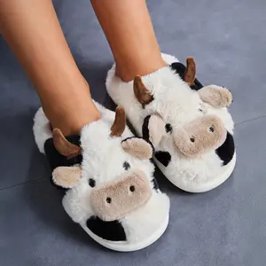 Women's Kawaii Fuzzy Cute Cow Slippers Winter Warm Cozy Animal Non-Slip Slippers