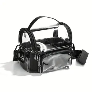 Clear Makeup Organizer Bag with Pockets Transparent Professional Makeup Bag Makeup Travel Makeup Artist Bag with Shoulder Strap and Adjustable Dividers, Black