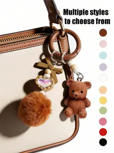 Cute teddy bear plush ball keychain, Japanese-style cute plush bear keychain pendant with heart-shaped decoration, fashionable accessory for women's bags, suitable as a decoration for backpacks, wallets, and car keys, fluffy plush ball keychain