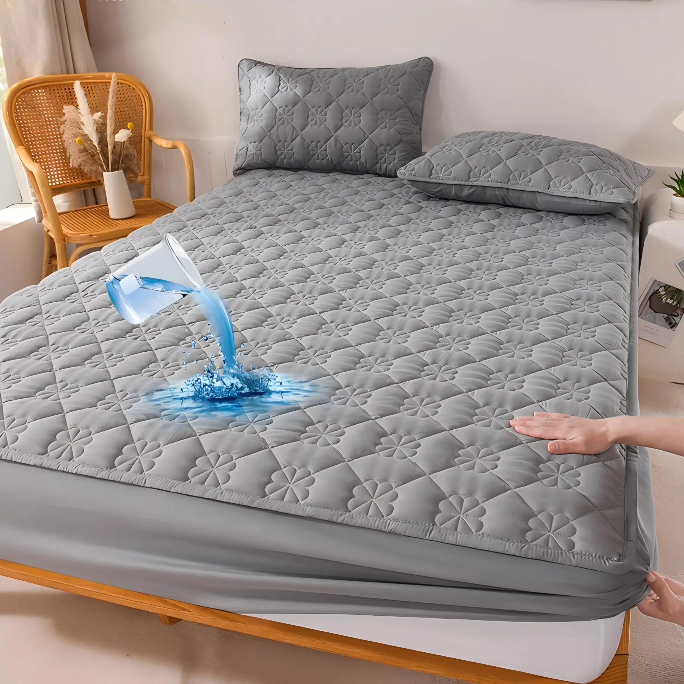 Flower Pattern Waterproof Fitted Sheet Set, 3 Counts/set Including 1 Count Fitted Sheet & 2 Counts Pillowcase without Filler, Soft Comfortable Bedding