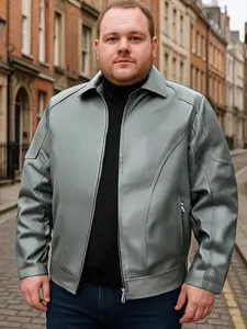 【Plus Size】 Men's Solid Zipper Pocket Utility Jacket, Casual Long Sleeve PU Leather Outerwear for Fall & Winter, Men's Clothes for Daily Wear, Coats