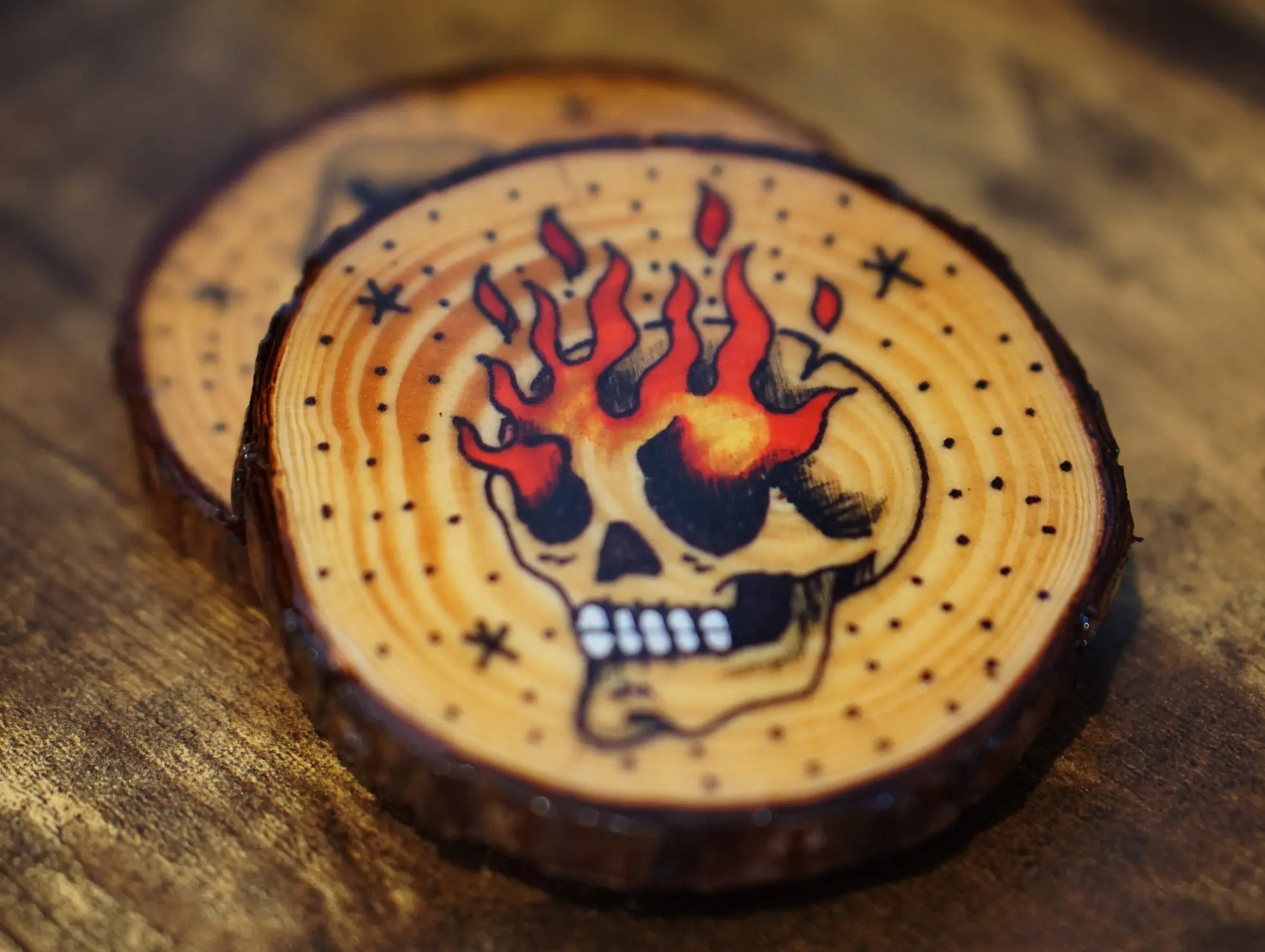 Fire Skull Wooden Coasters | Handmade Traditional Tattoo Art Wooden Coasters