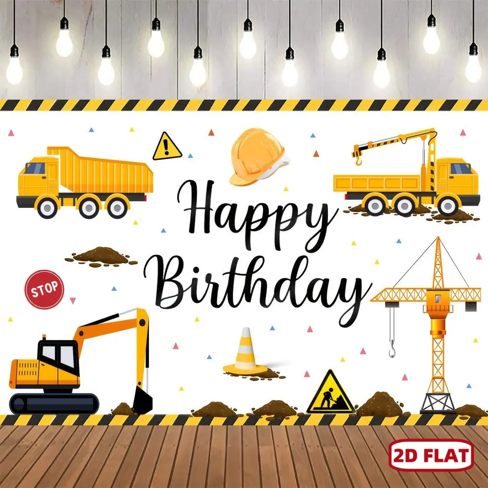 1pc 2D Flat Construction Happy Birthday Backdrop Banner For Birthday Party Supplies Dump Truck Excavator Crane Digger Zone Background  Booth Props For Birthday Party Decorations Ornaments