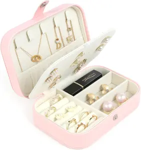 Travel Jewelry Box, Small Jewelry Organizer Boxes for Women Girls, 2 Layer Travel Jewlery Case, PU Leather Mini Portable Jewerly Storage Display Holder for Earrings, Ring, Necklaces, Bracelets - Pink