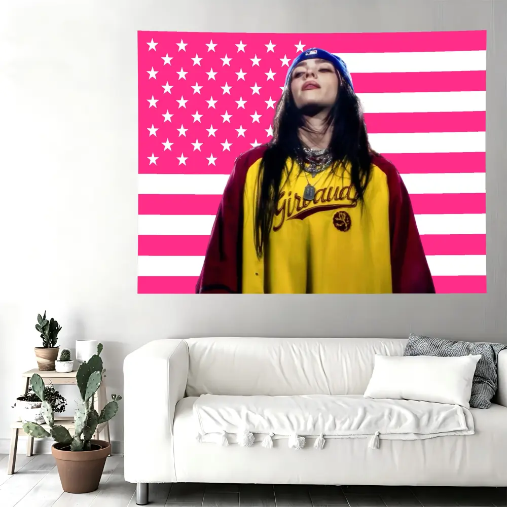 Billi-Eilish Pink American Flag Polyester Wall Tapestry - Singer Photo Print Decor, Machine Washable Room Decor for Bedroom, Dorm