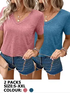 Women's Solid Color V Neck Sports Tee, Casual Short Sleeve T-shirt for Daily Wear, Ladies Sportswear for All Seasons, Top