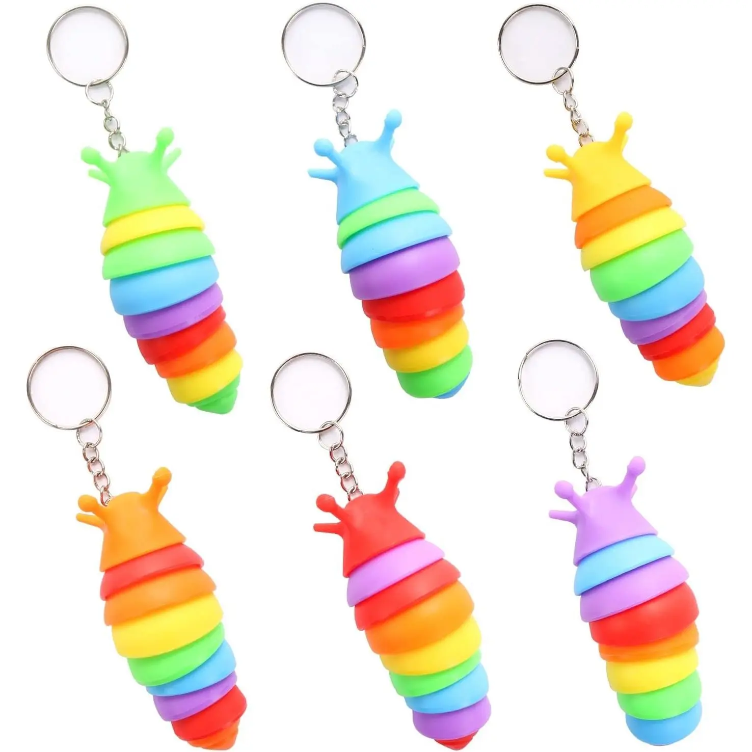 BY-059 6 PCS Unisex Eco-Friendly ABS Mini Fidget Slug Keychains, 13-Joints Articulated 360-Degree Rotation Stress Relief Toy, Office Desk Accessory, Christmas/Easter Basket Birthday Party Favor (Random Color)