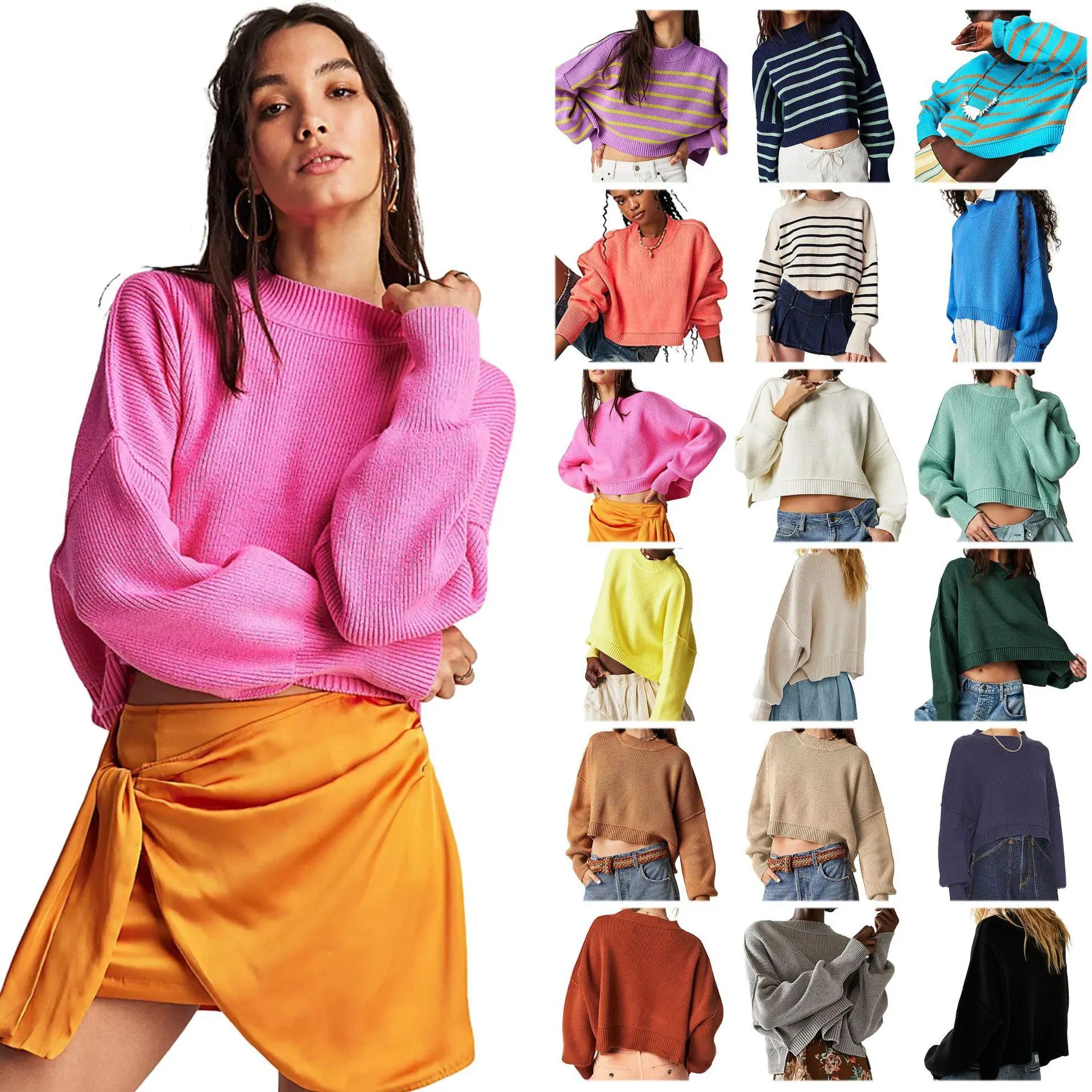 Women's Crewneck Cropped Sweater Fall Batwing Sleeve Oversized Side Slit Ribbed Knit Pullover Jumper Tops