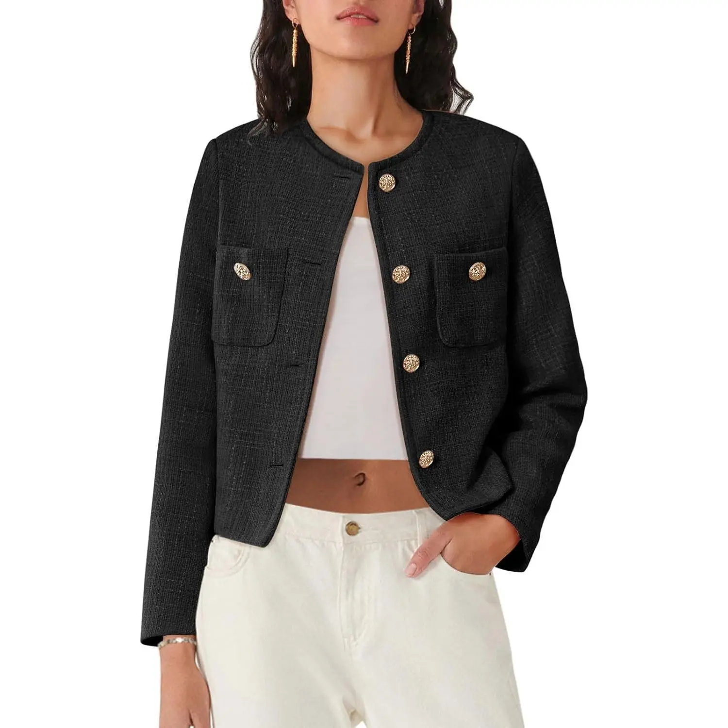 Women's Casual Chic Tweed Blazer, Long Sleeve Button-Down Cropped Polyester Jacket with Pockets, Loose Fit Fall Outerwear, Tweed Texture, Lady
