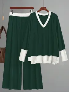 Plus Size Women's Casual Knit Patchwork Set, Elegant Long Sleeve Top & High Waist Pants, Spring & Fall Fashion