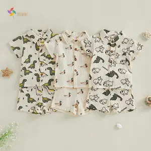 2pcs Toddler Baby Boy Clothes Dinosaur/duck Print Muslin Short Sleeve Button Down Shirt And Shorts Set Zoo Outfit