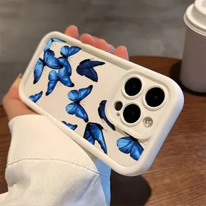 Art Phone Case Blue Butterfly Pattern Case for iPhone 16 15 14 Pro Max 13 12 11 XR XS Plus Shockproof Drop Protection Rugged Durable Silicone Cover