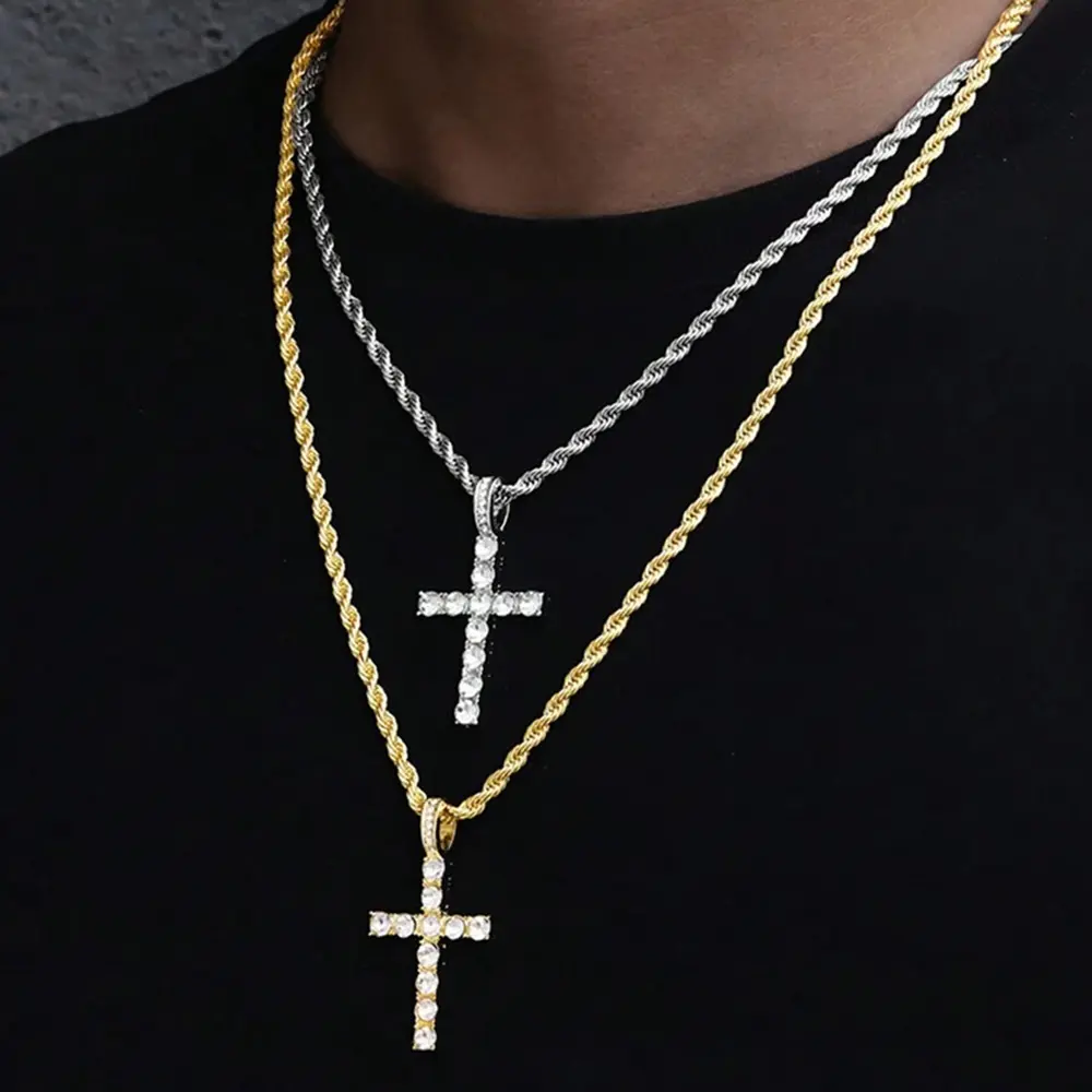 Cross Pendant Necklace CZ Hip-Hop Necklace Hip-Hop Cuban Link Chain Twists Chain Jewelry