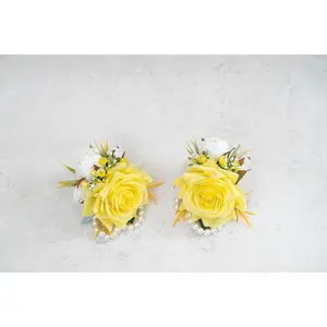 Yellow Silk Rose Corsage For Wedding, Pearl Wrist Bracelet, Flower Girl Corsage, Bridesmaid Corsage, Groom Boutonniere, Prom Gift For Mom