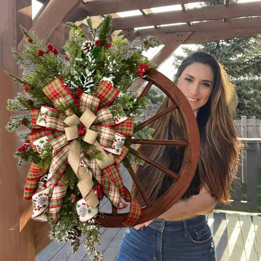 Christmas Wreath for Front Door Artificial Outdoor Christmas Wreath Front Door Christmas Wheel Wreaths with Bows Christmas Garlands for Front Door Home Decoration (A)