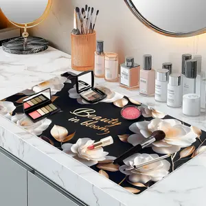 Dual-Sided Synthetic Leather Waterproof Decorative Makeup Mat Desk Pad for Crafting Furniture Protection Scratch Stain Resistant Easy Clean Vanity Protector White Camellia