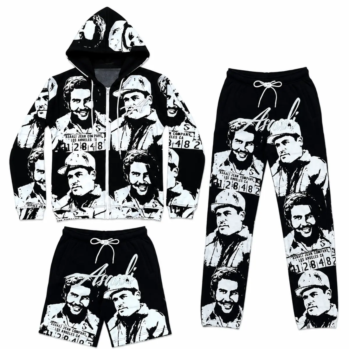 Vintage Asaaali Mugshot Graphic Zip Up Hoodie & Jogger Set, Urban Streetwear Tracksuit, Casual Oversized Matching Outfit
