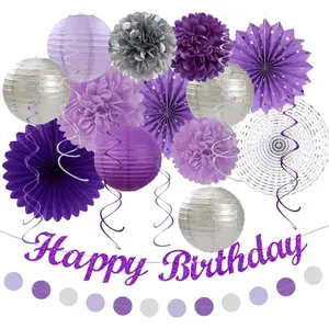 Purple Lilac-Lavender  Women Birthday Party-Decorations - 21 count Happy Banner,Paper Lanterns Streamers,Tissue Pom Poms Honeycomb Flower Fan, Girls Hanging Decor Supplies Garland Backdrop