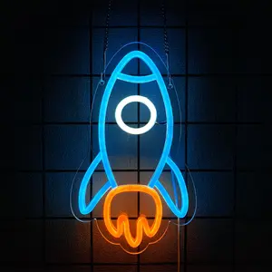 Rocket Neon Sign, LED Neon Lights for Wall Decor, USB Powered Blue Space Rocket Neon Light, Aesthetic Room Decor for Kids Room, Game Room, Bar, Man Cave, Space Themed Party Decorations