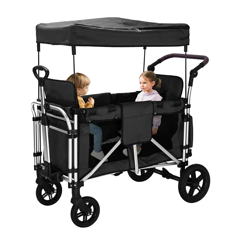 OMNIRA 2-Seater Stroller Wagon for Kids Foldable Utility Wagon with Removable Canopy All Terrain Tires Adjustable Push Pull Handle and Storage Bag Collapsible Baby Stroller Black
