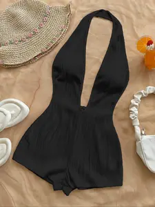 Women's Knitted Textured Wave Pattern Deep V Backless Halter Bodycon Jumpsuit, Chic, Spring, Perfect for Parties, Dates, Boho Vacations, Beaches