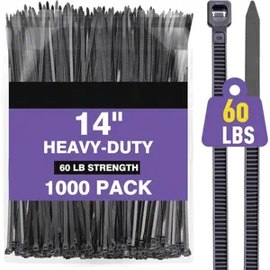 1000-Pack Heavy Duty 14-Inch Black Zip Ties - 60 lb Tensile Strength,  & Self-Locking Nylon  Ties for Indoor/Outdoor Use
