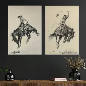 2-piece Set, Wall Art, Vintage Poster, Print, Horseman Wall Art, Western Cowboy Painting, Artistic, Living Room Decoration, Bedroom Decoration Aesthetics, Room Decoration, Housewarming Gift, Frameless