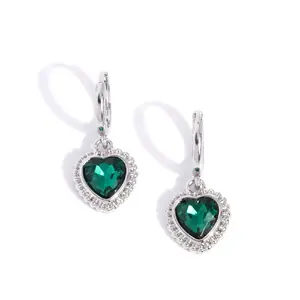 Paparazzi Jewelry Heart-Shaped Emerald Earrings with Rhinestone Accents for Women