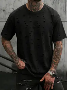 Men's Distressed Ripped Round Neck T-Shirt, High Stretch Soft Breathable Fabric, Loose Fit Oversized Style, Streetwear Punk Fitness Casual