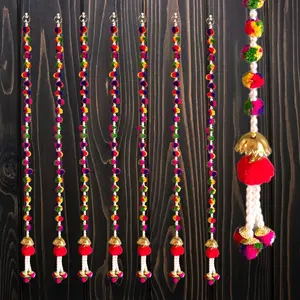 Festive Multicolor Pompom Wall Garland | Handmade Backdrop for Diwali, Weddings, Pooja | 4 Strings of Joyful Tradition