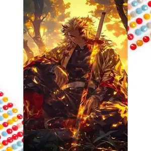 5D DIY Full Diamond Round Diamond Painting - Diamond Art Painting Kit, Crafts, Swordsman, Flame, Cool Mosaic, Canvas, Anime Design - DIY Decorative Painting, Home Wall Decor, Suitable for Halloween, Christmas, Birthday, and Anniversary Gifts.