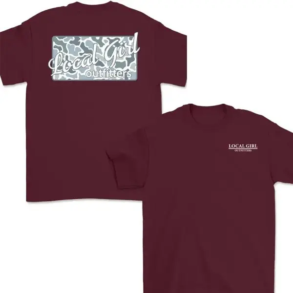 [SALE 60%] Local Girl Outfitters Camo T-Shirt – Maroon Front and Back Print Graphic Tee, Grey Camouflage Southern Style Shirt for Women