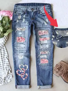 Women's Valentine's Day Heart Distressed Mid-Waist Boyfriend Fit Washed Loose Casual Denim Jeans Pants Womenswear Button Elastic Waistband Breathable Comfort Fabric All Seasons Wear