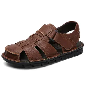 Men's Leather Sandals Closed Toe Water Shoes For Summer Athletic Outdoor Walking Sports Trail River Fishing Wide Adjustable Waterproof Arch Support