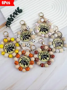 6-Piece Sporty Keychain Set, Cute Bear Design, Mama Bear Text, Colorful Beads, Perfect Gift for Mom, Mother's Day Present, Keychain for Bags