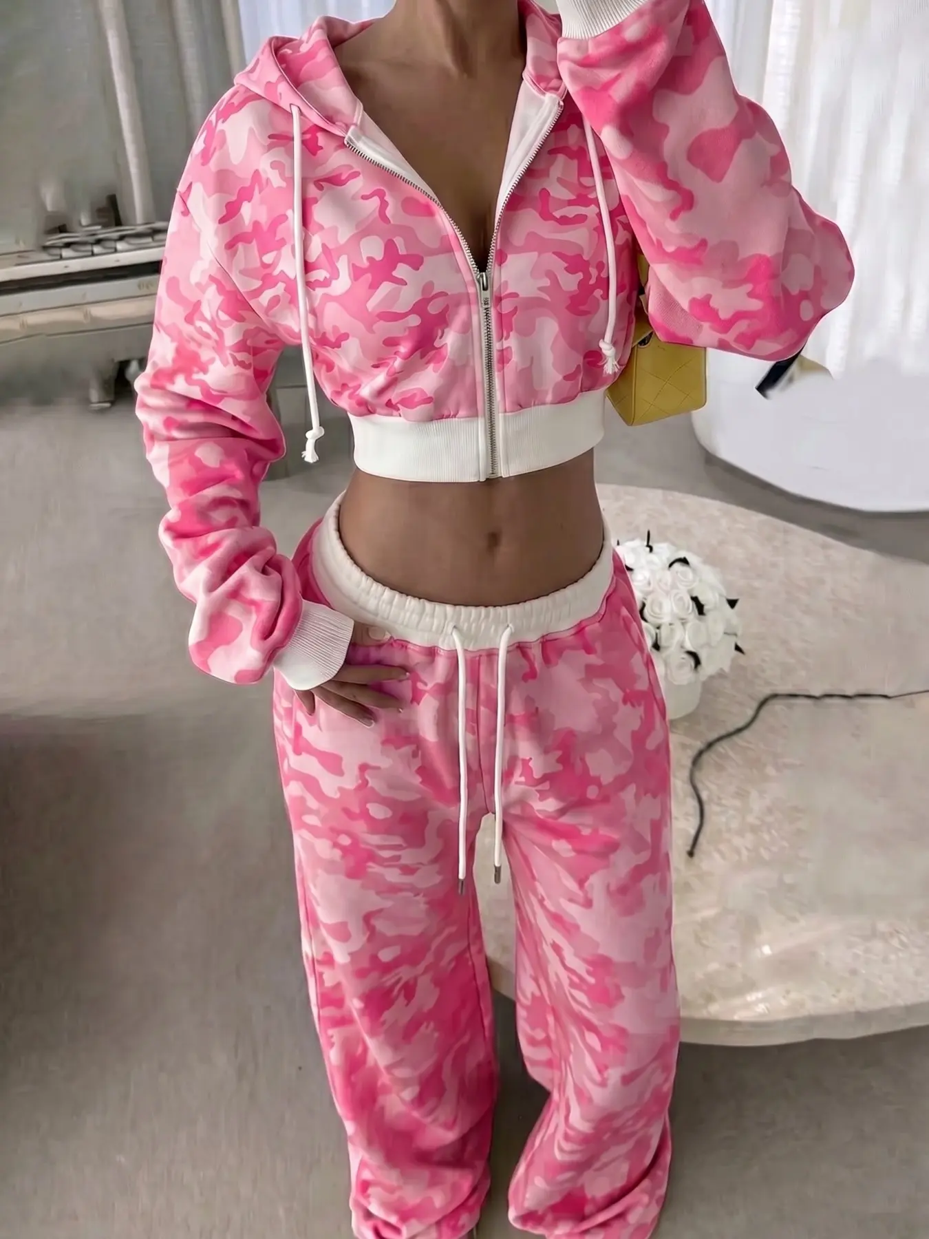 Women's 2 Piece Pink Camo Casual Workout Tracksuit Sporty Set 2026 Y2K Retro Cropped Hoodie & Wide Leg Pants Set Casual Streetwear Co-ord Summer Daily Trendy Outfits Viral TikTok Made Me Buy It