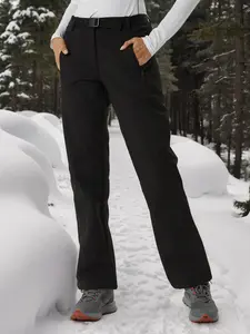Women's Solid Belted Zipper Pocket Skiing Pants, Sporty Waterproof Windproof Pants for Hiking Hunting, Women's Sport & Outdoor Bottoms for Fall & Winter, Athletic Bottoms
