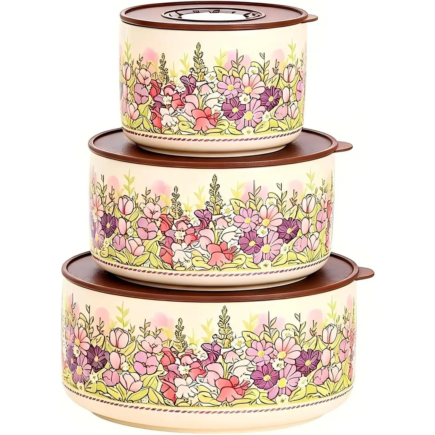 Food Storage Containers with Lids, 4"/ 5"/ 6" Nesting Bowls Set, Serving Bowls with Lids Set, Pasta Ceramic Bowls Set Decorative Bowl for Soup, Stew, Cereal, Microwave and Oven Safe (Rose)