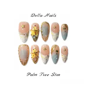 Dolla Nails 100% Handmade 3D Almond Press-On Nails, Pastel & Aura Neutral Cherry Blossom Nails, Floral & Botanical Spring Vacation Nails with Gold Foil, Flower & Luxury Gold Bead Charms, Reusable Salon-Quality Manicure for Daily Wear & Parties