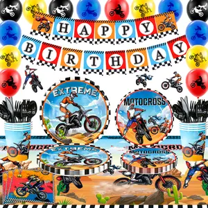Motorcycle Birthday Supplies, 98 pcs Motorcycle Birthday Decorations&Motorcycle Theme Party Tableware Set- Dirt Bike Party Plates and Napkins Cups & Banner Balloon etc Motocross Party Supplies for Boys