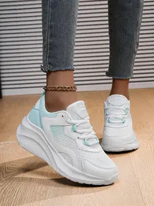 Women's White-Blue Color-Blocked Thick-Soled Mesh Casual Shoes, Street Style for Fashionistas, Suitable for Four Seasons with a Light and Oxygen Style, First Choice for Trendsetters, Eye-Catching Color-Blocked Design Trainer Footwear Training Girl