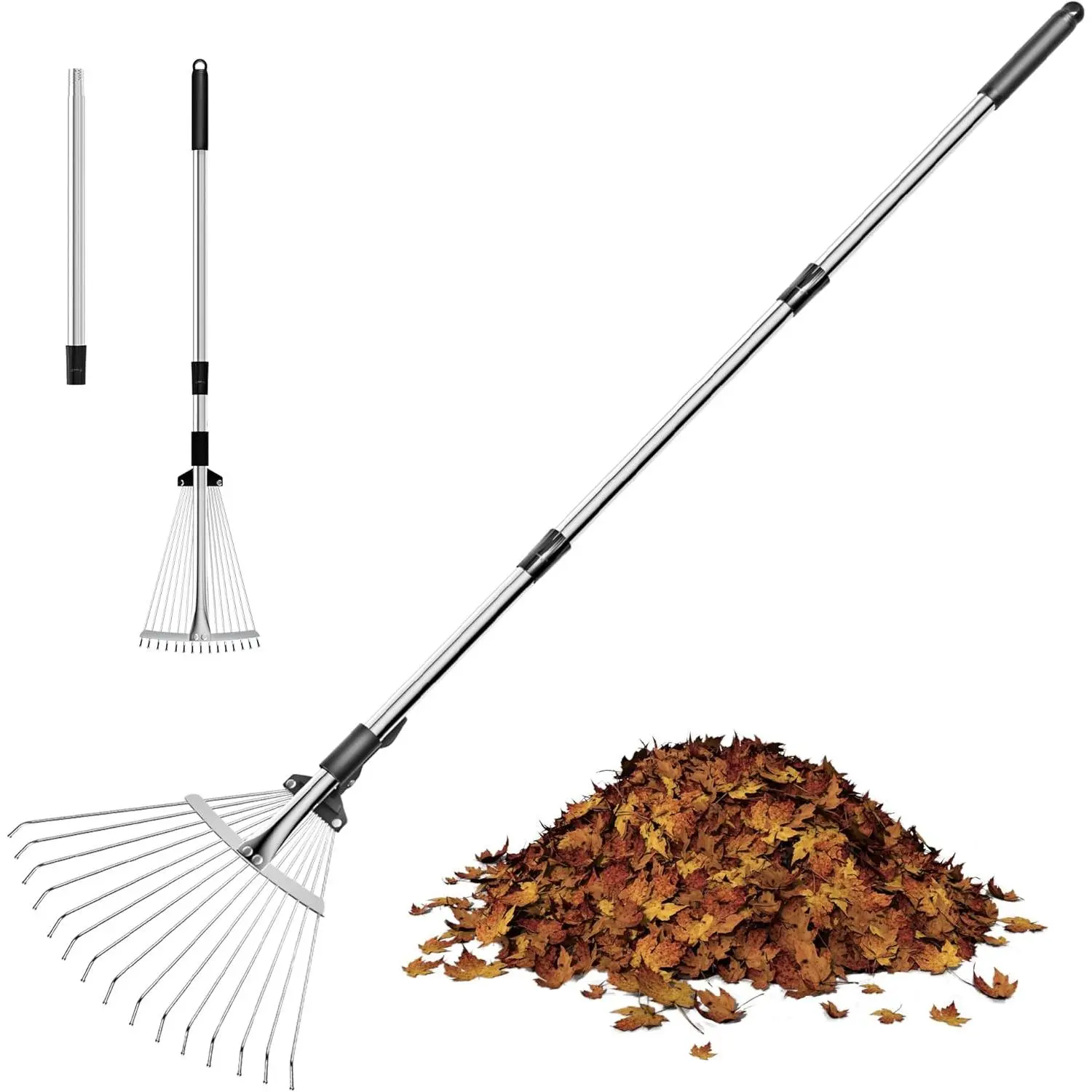 Adjustable Expandable Metal Leaf Rake, 37in-53in Length, 8in-15in Head, Garden Tool for Lawn, Flower Beds, Patio