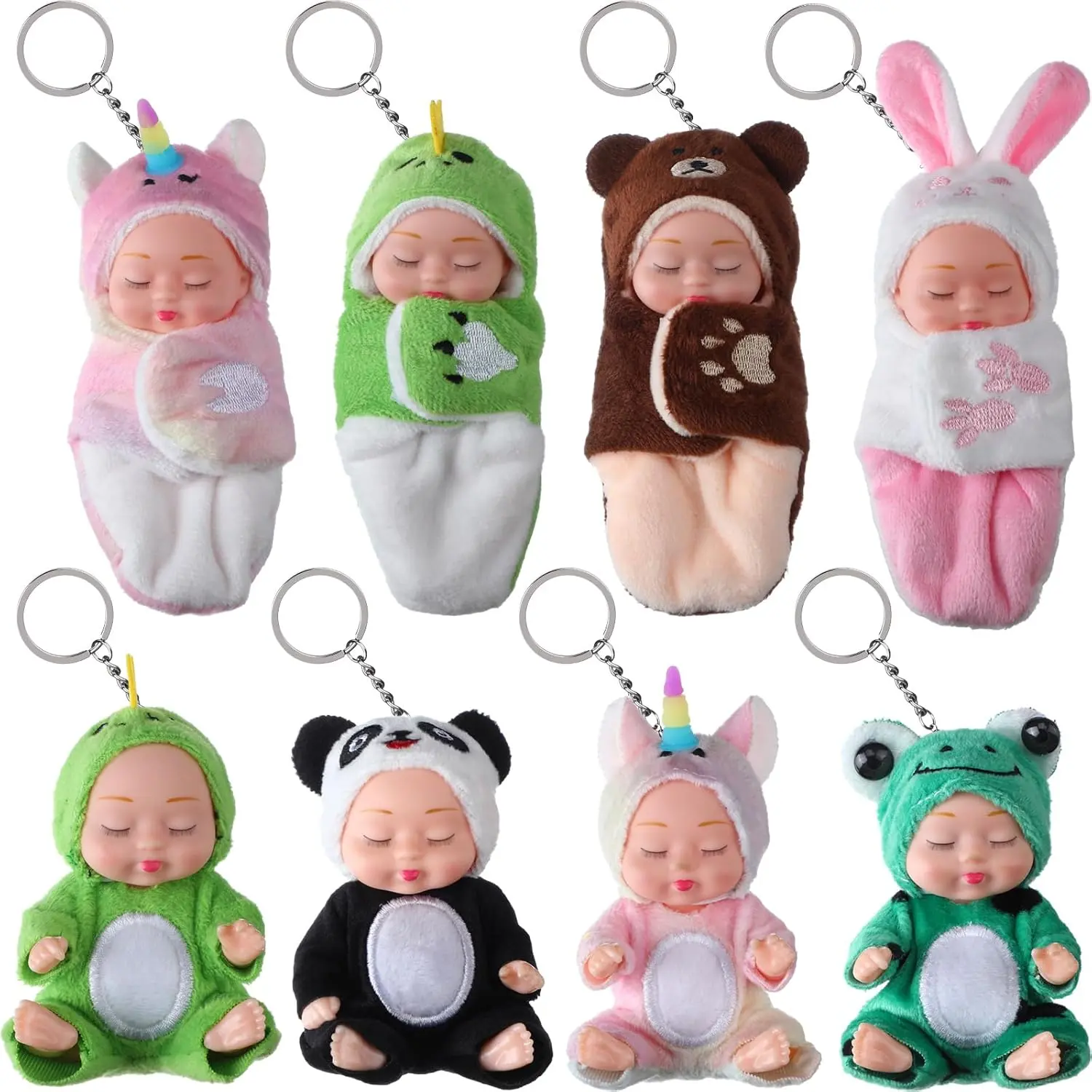 8 Pcs Mini Reborn Dolls Keychain 4 Inch Realistic Dolls Keychain with Animal Clothes Cute Tiny Doll Keyrings for Valentine's Day Easter Handbags Backpacks Keys Birthday Gifts
