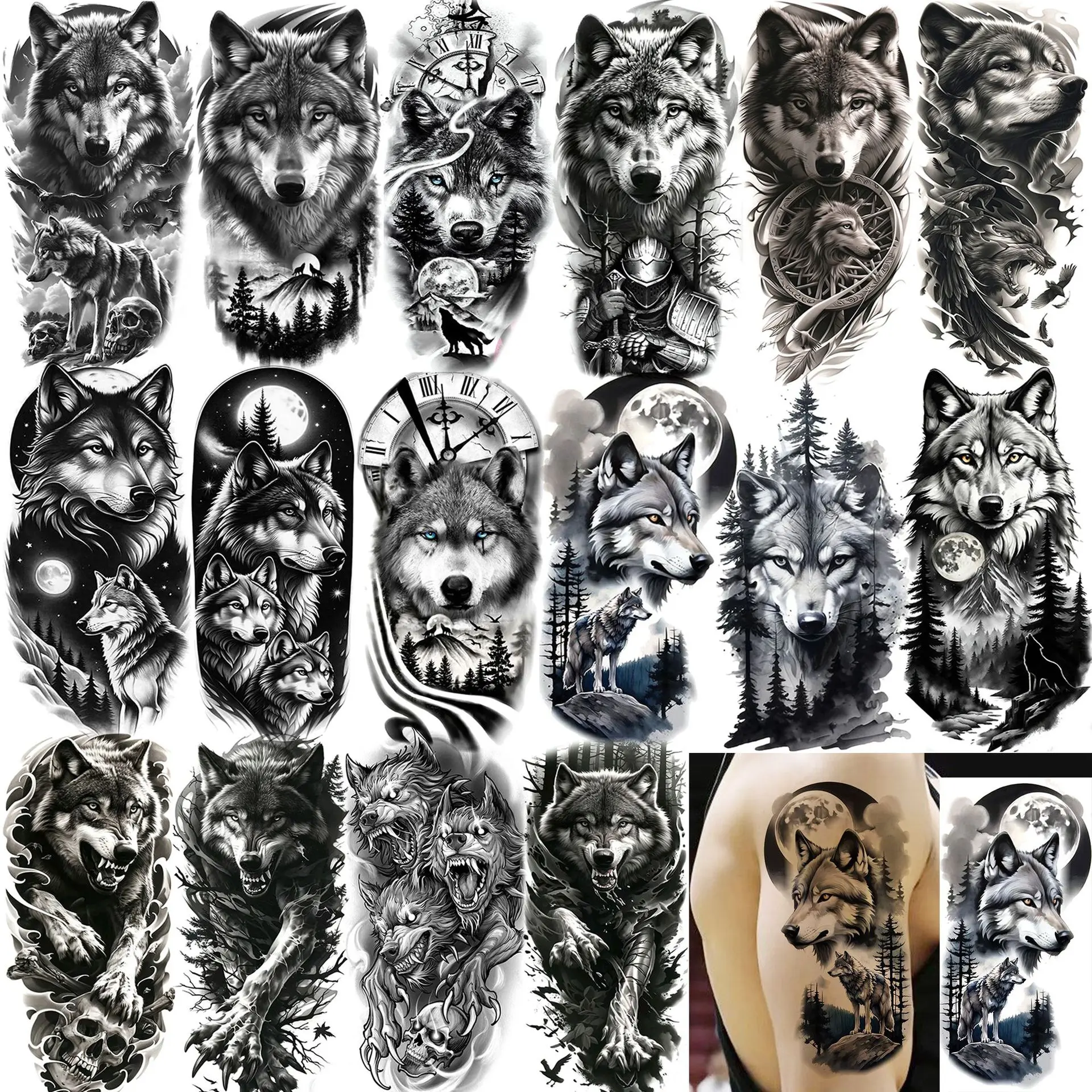 Assorted Forest & Wolf Temporary Tattoos, Waterproof Fake Tattoo Stickers for Body Art - Animal Designs for Halloween, Arms & Legs, Fake Tattoos