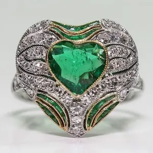 Vintage Emerald Green Heart Art Deco Silver European Ring