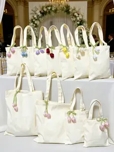 S/M/L 1/3/5pcs Floral Canvas Tote Bag Tulip Make Up Bag Reusable Tulip Pendant Canvas Gift Tote Bags Set, Fashionable Tote Bag, Favor Bags with 3D Flower Charms for Wedding Bridal Shower, SPA Party Favor, Bachelorette Party, Bridesmaid Proposal, Birthday