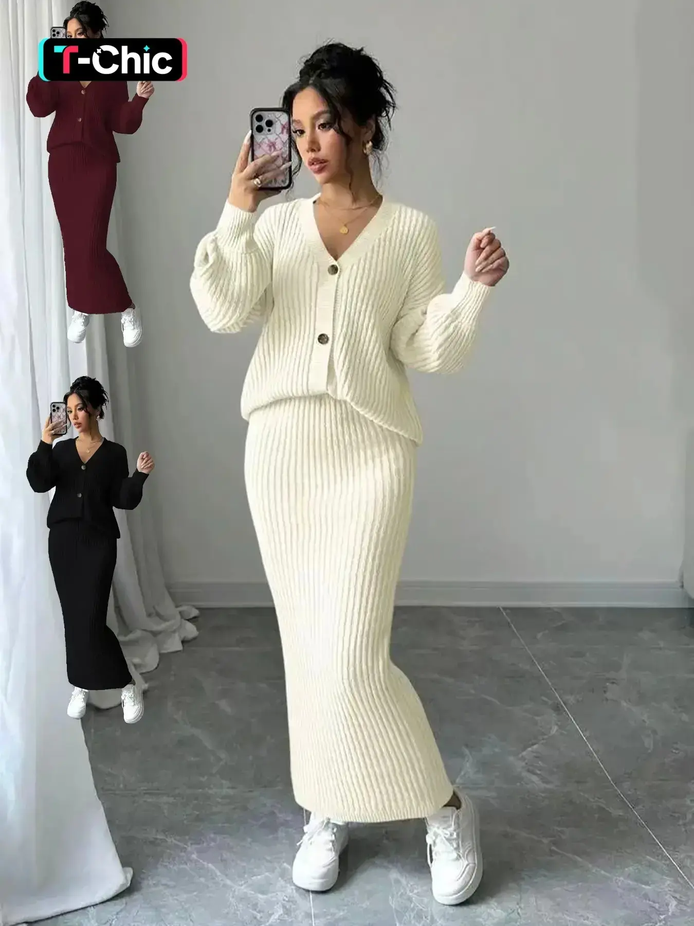 Women's V-Neck Knit Long Sleeve Loose Cardigan & Skirt Matching Set, Basic Casual Sweet Style, Fashionable Lazy Look, Comfortable Two-Piece Outfit for Women, Lady Womenswear