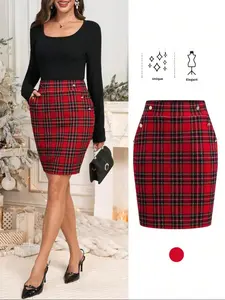 Women's Elastic Knit Two-Tone Plaid Print Bodycon Chic Elegant Daily & Holiday Short Skirt, Autumn Women's Fashion, Christmas Plaid Dress, Fit