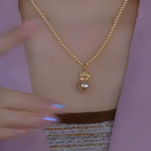 LisiZen French Champagne Gold Pearl Rose Tassel Necklace Fashion 3D Camellia Gold Collar Chain DZXL3994